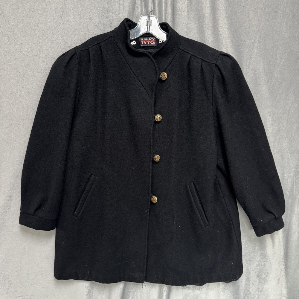 Vintage New York Girl Coat Womens Medium Black Wool Blend Button Overcoat 80s